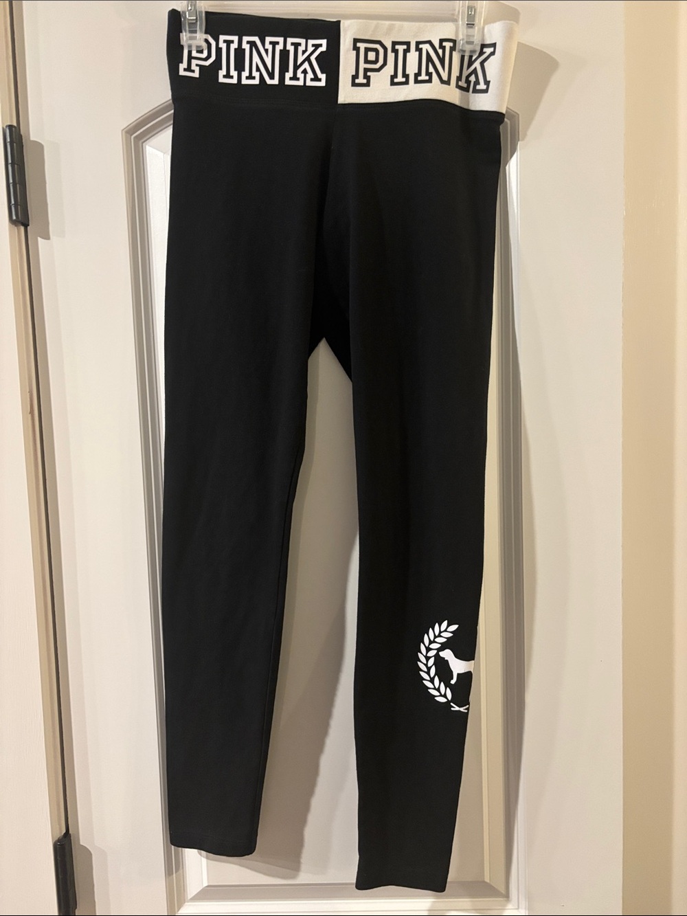 PINK Victoria's Secret Black Leggings with White Logo Waistband